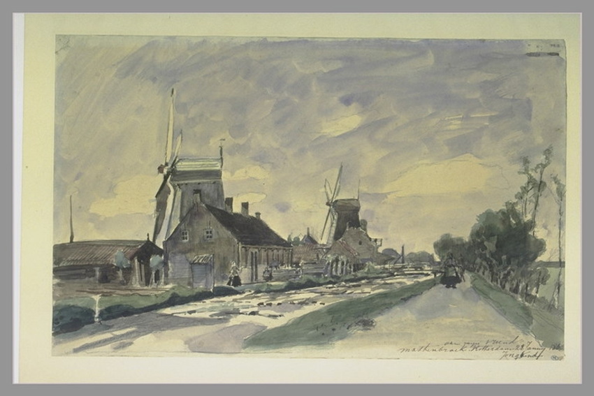 Johan Barthold Jongkind - Canal en Hollande bordé de maisons et de moulins