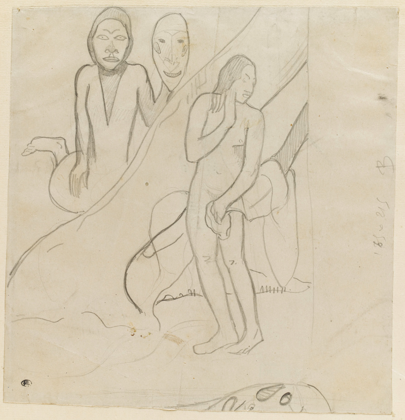 Paul Gauguin - Femme nue debout, et derrière un arbre, émerge un personnage