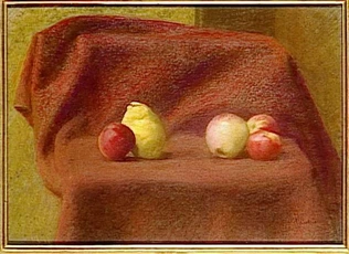 Jules Desbois - Pommes sur fond de draperie rouge