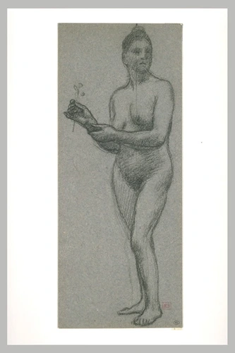 Pierre Puvis de Chavannes - Femme nue debout de troit quarts à gauche tenant une...