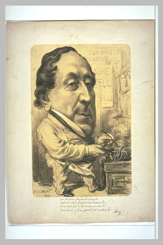 Etienne Carjat - Portrait-charge de Rossini, avec une tête énorme sur un petit c...