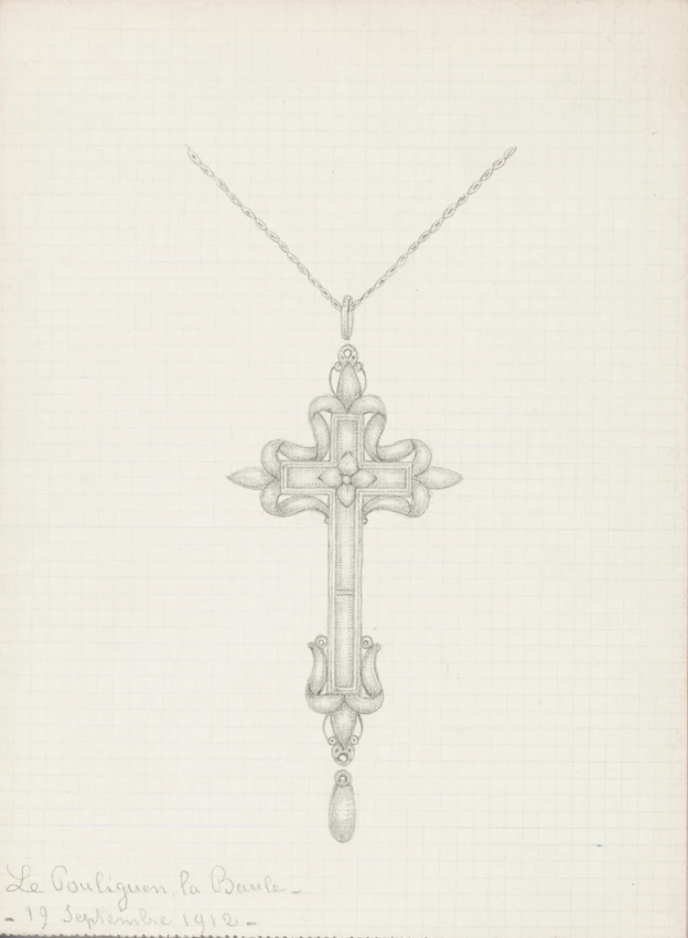 Croix à fleur de lys à chaque extrémité des branches, goutte en chute, maillon, chaîne - Enguerrand du Suau de la Croix