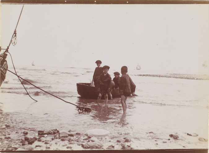 Gustave Popelin - La Plage, enfants jouant dans l'eau
