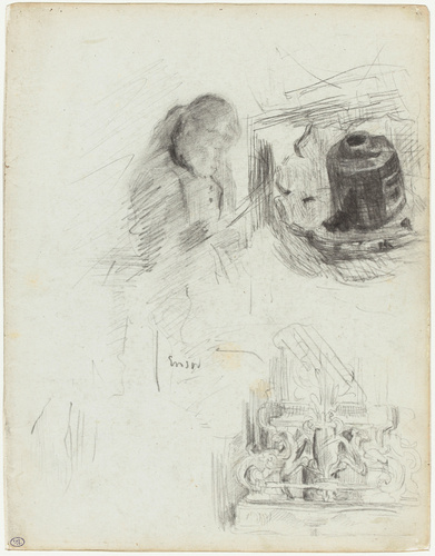 James Ensor - Feuille d'études : encrier, buste de femme et pièce d' orfèvrerie