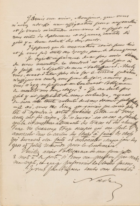 Nadar - Lettre de Félix Nadar, à un destinataire non identifié