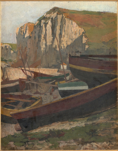Jean-Paul Laurens - Barques au pied d'une falaise en Normandie