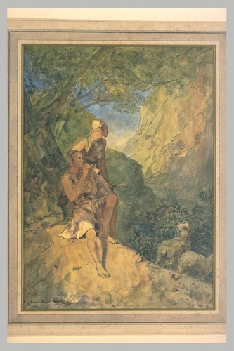 Eugène Fromentin - Deux bergers arabes à l'ombre d'un arbre, dans une gorge roch...
