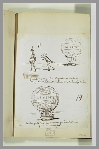 Cham - Caricatures : homme suivant un général, ; figures dans un ballon dirigeab...
