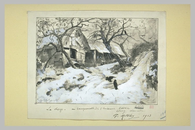 Jules Georges Moteley - Cabane dans un paysage enneigé, avec deux corbeaux, à Cl...