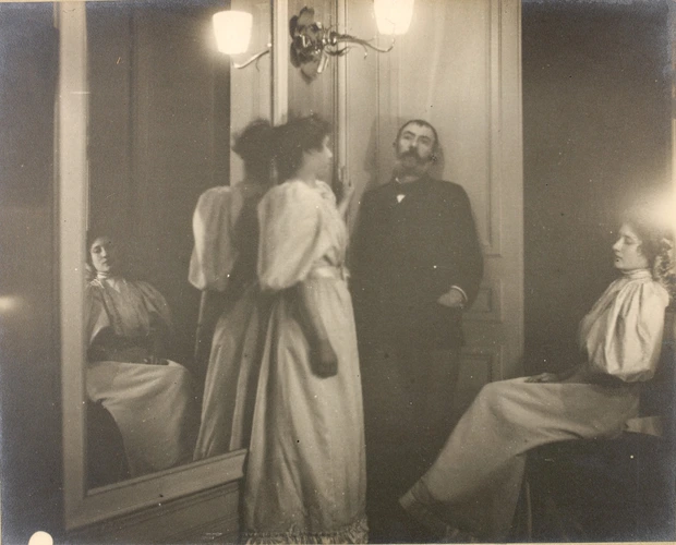 Edgar Degas - Portrait au miroir du peintre Henry Lerolle et de ses deux filles,...