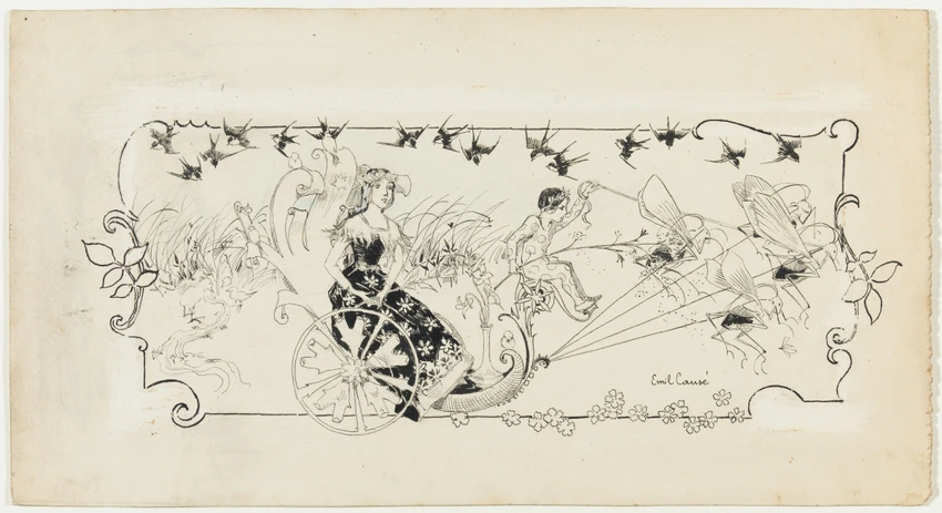 Représentation allégorique, jeune femme sur un char de feuilles stylisées tiré par quatre sauterelles dirigées par un jeune garçon à la tête couronnée de feuillage, décor d'herbe, d'hirondelles, d'oiseaux et de fleurs - Emile Causé