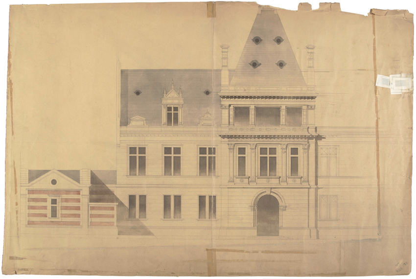 Gaston Redon - Porte de ville, élévation, projet assorti d'une esquisse au crayo...