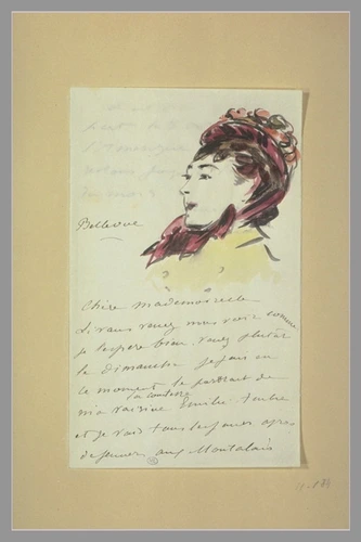 Edouard Manet - Tête de femme décorant une lettre à Isabelle Lemonnier