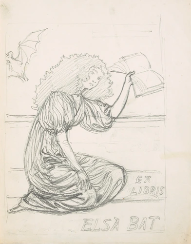 Eugène Grasset - Femme agenouillée tenant un livre ouvert, chauve-souris s'envol...
