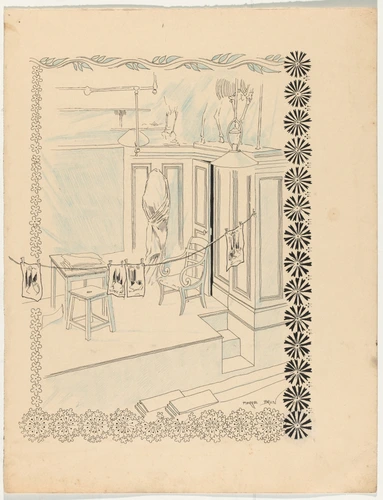 Pierre Brun - Illustration représentant un atelier avec des tirages séchant sur ...