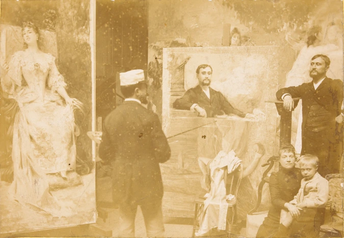 Anonyme - Léon Comerre, Edouard Loviot, une femme et un enfant dans l'atelier du...