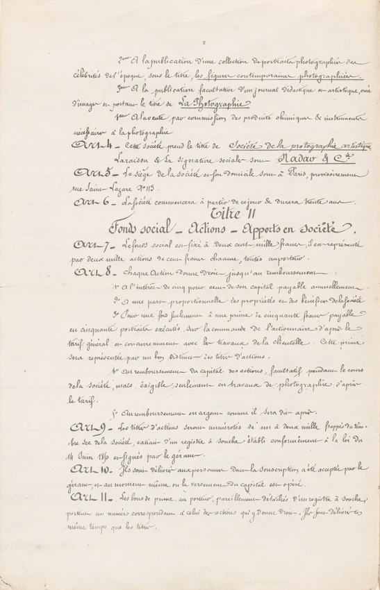 Anonyme - Contrat de la maison Nadar, 4 pages manuscrites