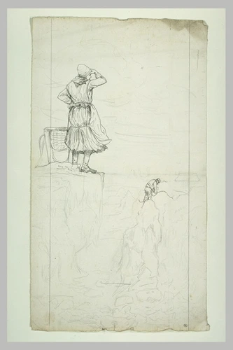 Paul Richer - Deux pêcheurs ramassant des coquillages, sur des rochers à marée b...