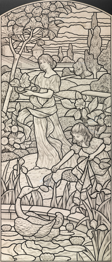 Léopold François Kowalsky - Une femme et un enfant dans un jardin au bord d'un b...