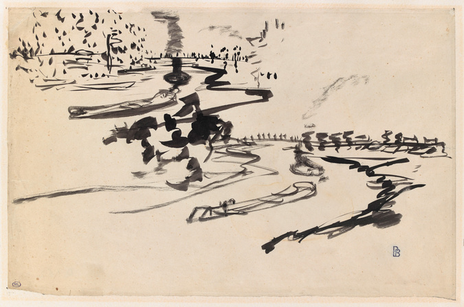 Pierre Bonnard - Etude de paysage fluvial, avec péniche et bateau avec cheminée ...