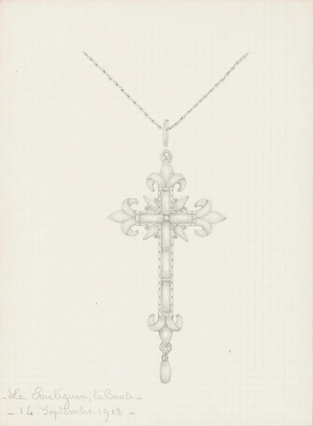 Croix à fleur de lys à chaque extrémité des branches, goutte en chute, maillon, chaîne - Enguerrand du Suau de la Croix