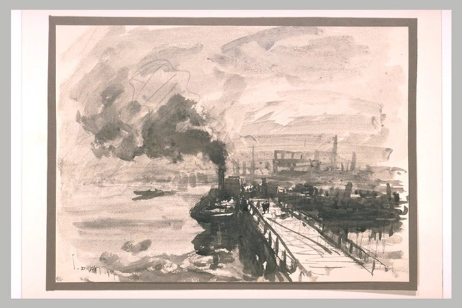 Joannès Drevet - Bateau à vapeur amarré à quai dans un port embrumé