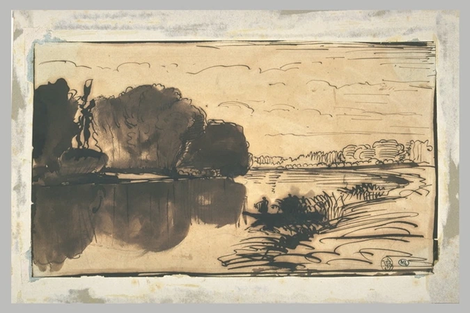 Eugène Lavieille - Paysage des bords d'une rivière encadrée d'arbres