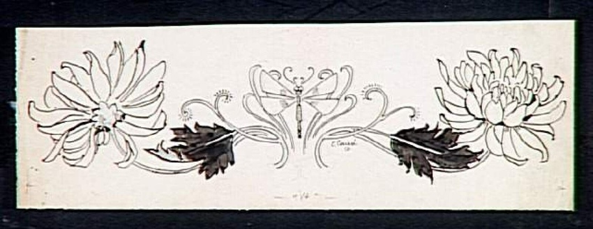 Emile Causé - Frise décorative, libellule au centre, motifs floraux de part et d...