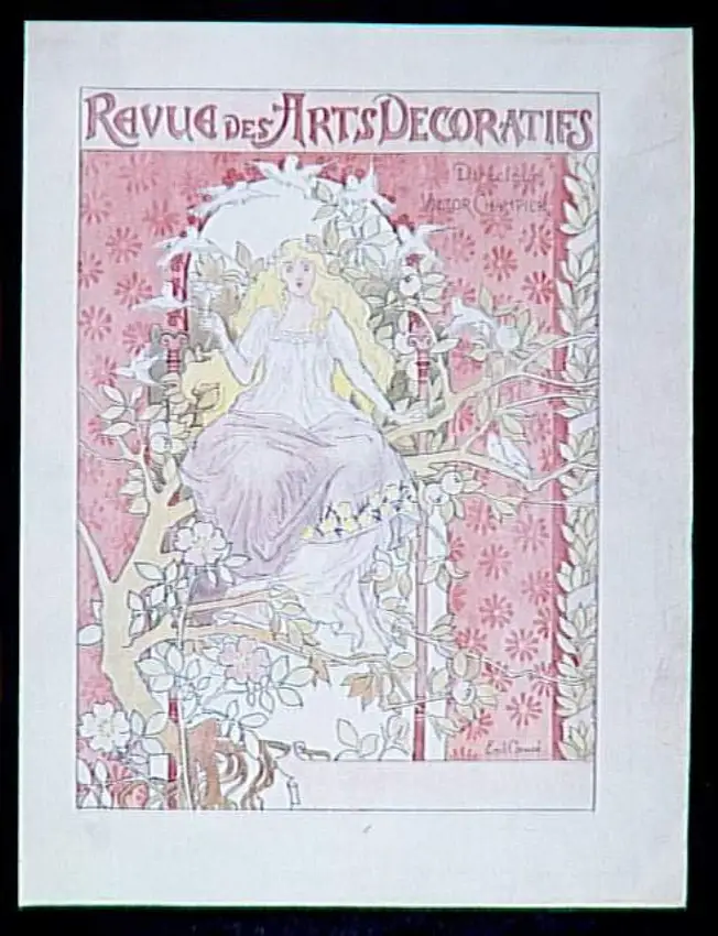 Page de couverture de la Revue des Arts Décoratifs représentant une jeune femme assise sur une branche d'arbre fruitier, entourée d'oiseaux, sur fond architecturé, fleurs au premier plan - Emile Causé
