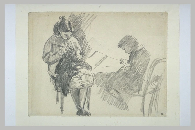 Alfred Sisley - Jeune fille assise, tricotant, et un jeune garçon assis tenant u...