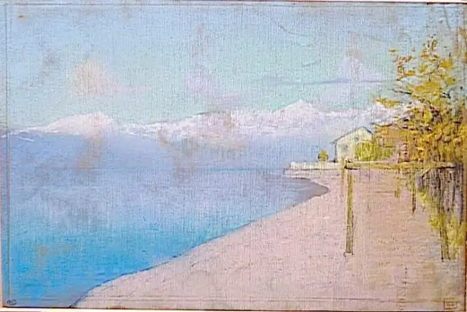 Charles Cottet - Vue du lac Léman et à l'arrière-plan des montagnes enneigées