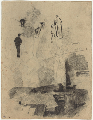 James Ensor - Feuille de croquis : nature morte avec ombrelle japonaise, et pers...
