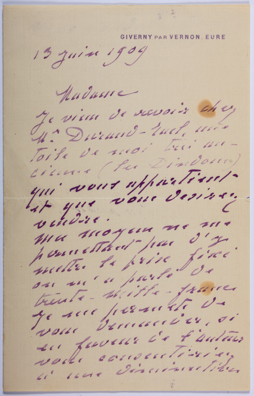 archives, Claude Monet, Lettre à Winnaretta Singer, 13 juin 1909