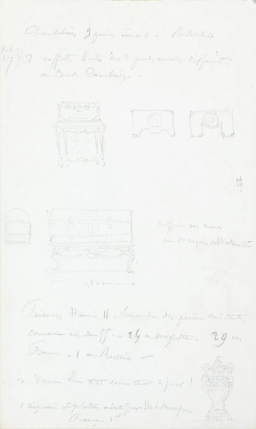 Notes manuscrites accompagnées de croquis : coffrets, consoles et vase - Victor Ruprich-Robert