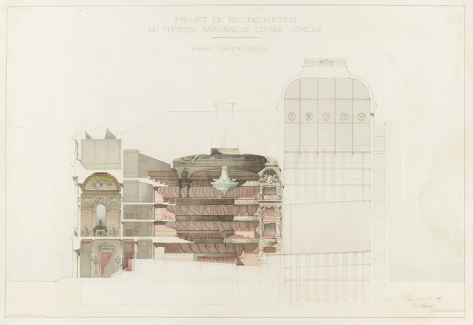Alphonse Crépinet - Projet de reconstruction de l'Opéra Comique, coupe longitudi...