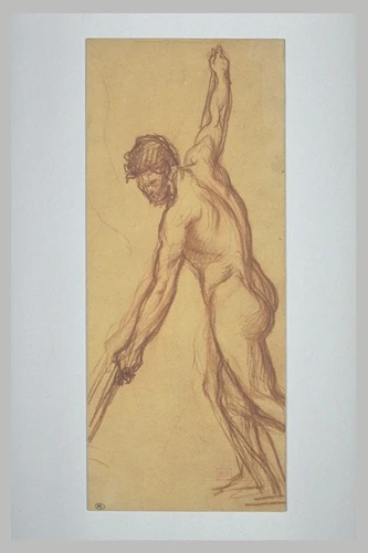 Pierre Puvis de Chavannes - Homme nu, tourné vers la gauche, poussant sur une pe...