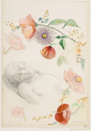 Buste d'homme aux yeux clos, entouré de fleurs (pavot, renoncule, aster des Alpes) - Odilon Redon