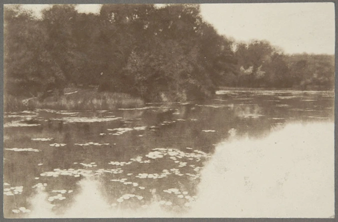 Anonyme - Photographie d'une peinture de Carlo Bugatti : vue d'un étang aux berg...