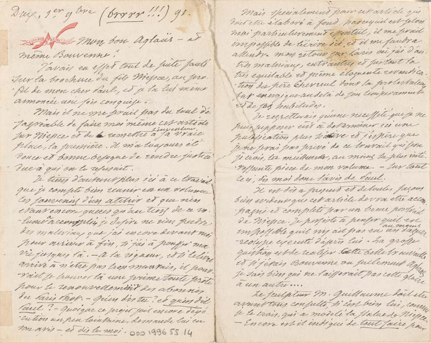 Nadar - Lettre de Nadar à Aglaüs Bouvenne