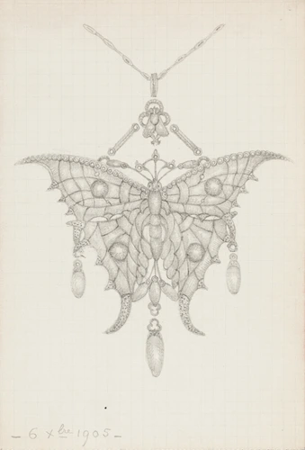 Pendentif papillon, trois gouttes en chute, anneau, chaîne - Enguerrand du Suau de la Croix