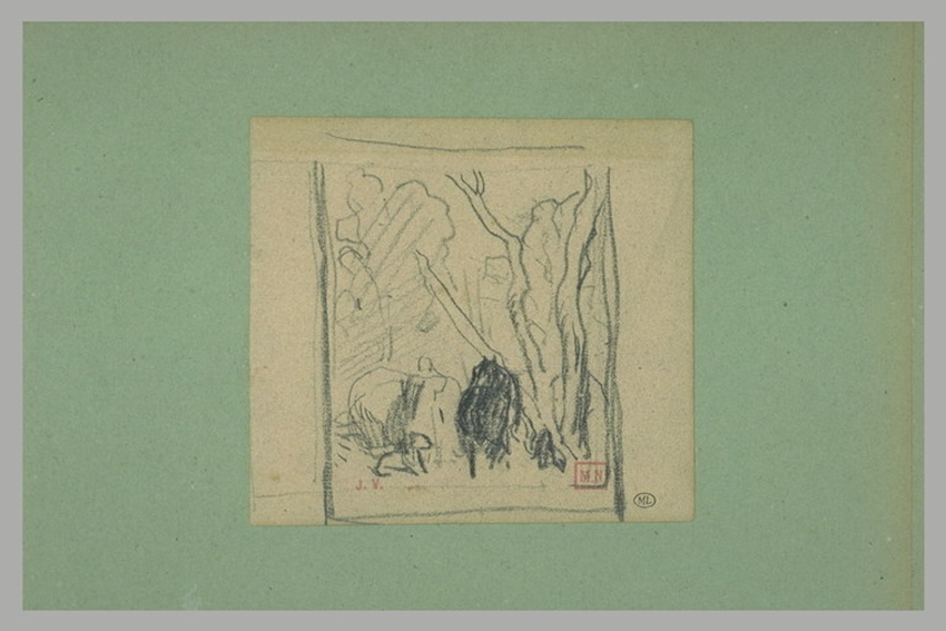Jules Jacques Veyrassat - Un homme, un chien et un cheval dans un bois
