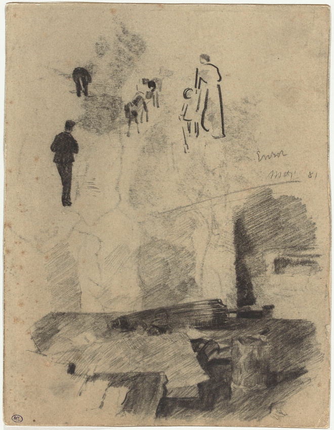 James Ensor - Feuille de croquis : nature morte avec ombrelle japonaise, et pers...