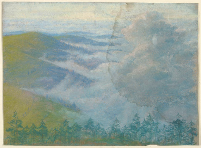 François Garas - Paysage de montagne avec sapins au premier plan et brume