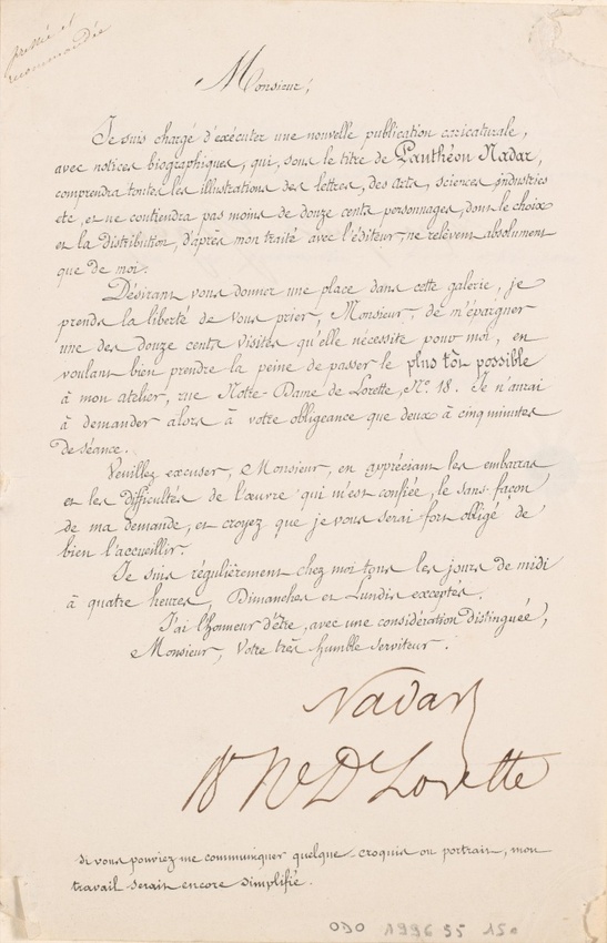 Nadar - Lettre de Félix Nadar en vue de la préparation du Panthéon (celle-ci est...