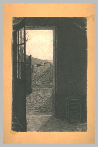 Léon Bonvin - Une chambre avec la porte ouvrant sur une cour et un chemin