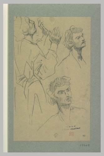 Elie Delaunay - Homme, de trois quarts, levant les mains et étude de têtes