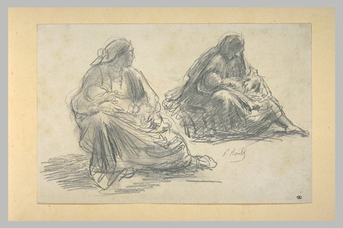 Paul Borel - Deux études d'une femme assise à terre, tenant un enfant