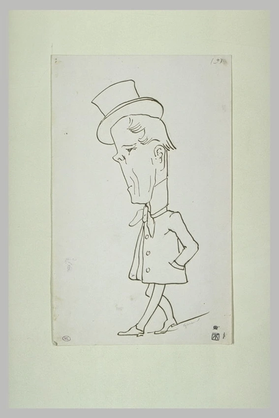 Croquis caricatural d'un homme avec une grosse tête et un petit corps