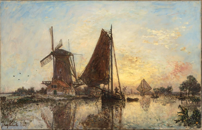 Johan Barthold Jongkind - En Hollande, les barques près du moulin