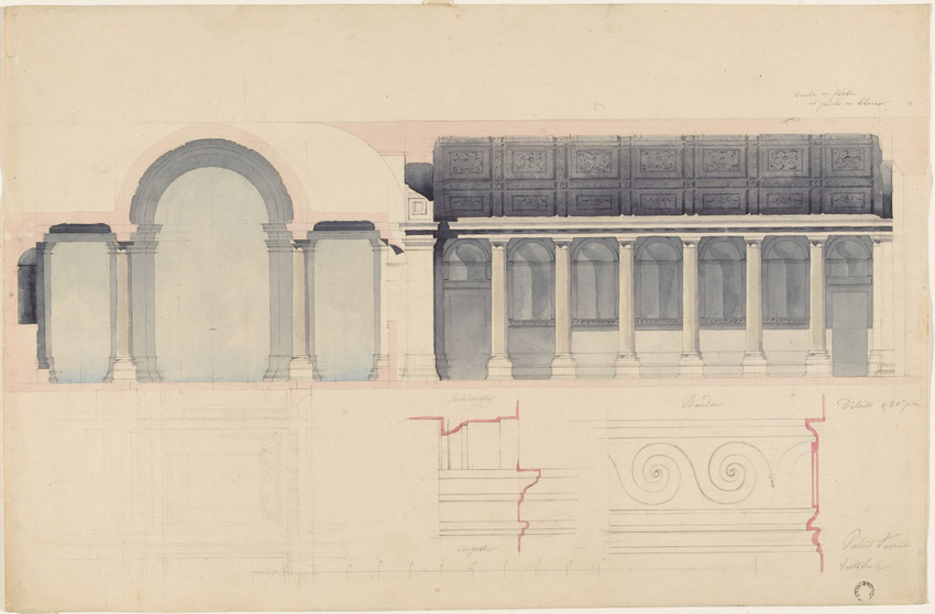 Alphonse Gosset - Rome, palais Farnèse, vestibule, coupes longitudinale et trans...